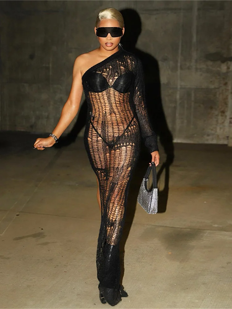 

WJFZQM Sexy See Through Inclined Shoulder Long Sleeve Straight Robe Party Clubwear Vestido Knitting Hollow Out Maxi Dress Women