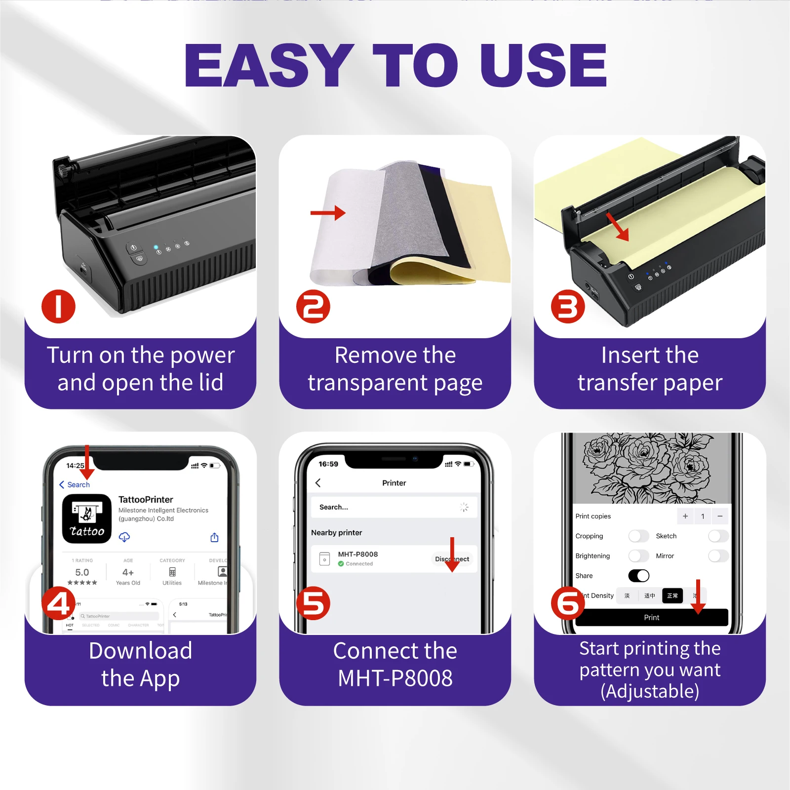 Фото MHT-Portable Tattoo Stencil Printer Thermal Copier Transfer Machine Mini A4 Thermal Tattoo Printer Wireless Portable Transfer №2
