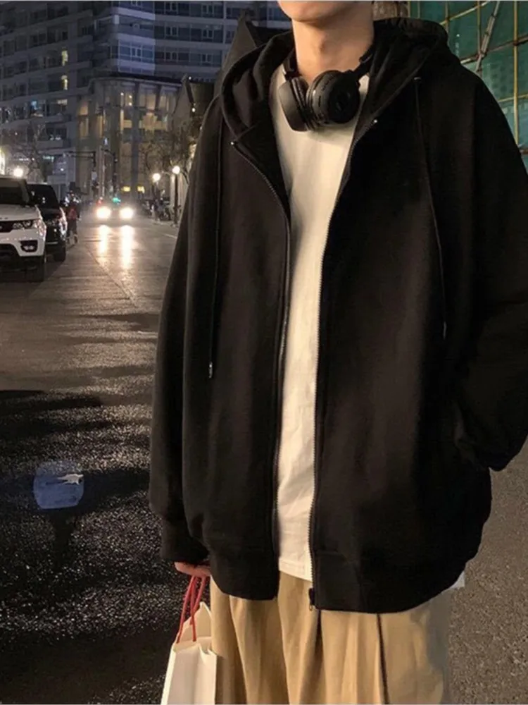 

Черный свитшот в стиле Харадзюку, мужской толстый кардиган с капюшоном, Студенческая универсальная куртка, свободный Спортивный Повседнев...