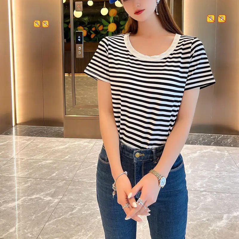 

Summer Viscose Women's T-Shirt Round Collar Short Sleeve Pullover Striped Thin Fashion Casual T-Shirt