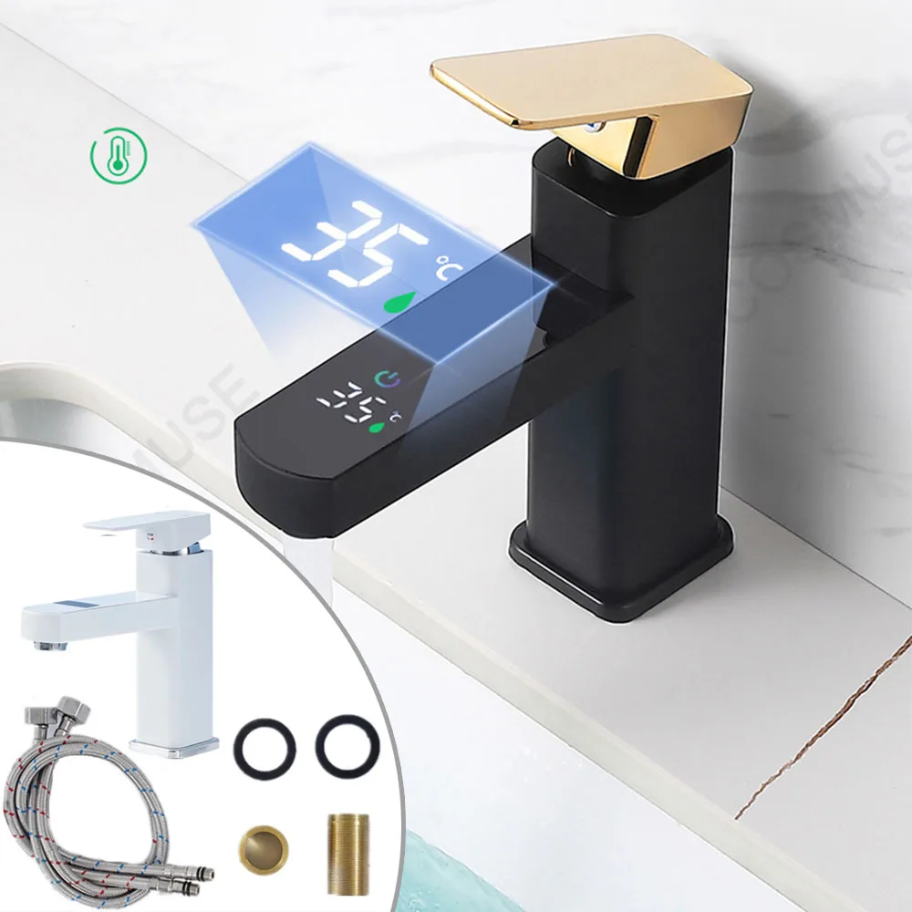 

Faucet Sink Basin LED Digital Temperature Touch Button Hot Cold Water Mixer Smart Washing Deck Mounted Bathroom Taps Accessories