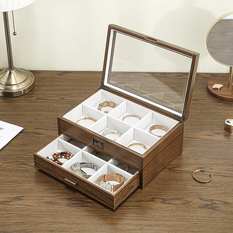 Large Wooden Jewelry Box with Clear Lid Double Layer Drawer Storage Organizer Multi-compartments Bracelet Watch Jewellery Case