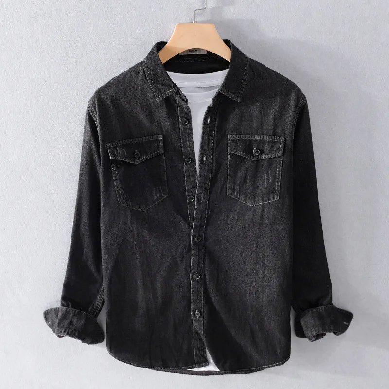 

2021New Cotton Men's Casual Jacket Youth Artistic Thin Loose Denim Shirt Fashionable Men Black Versatile Long Sleeve Shirt
