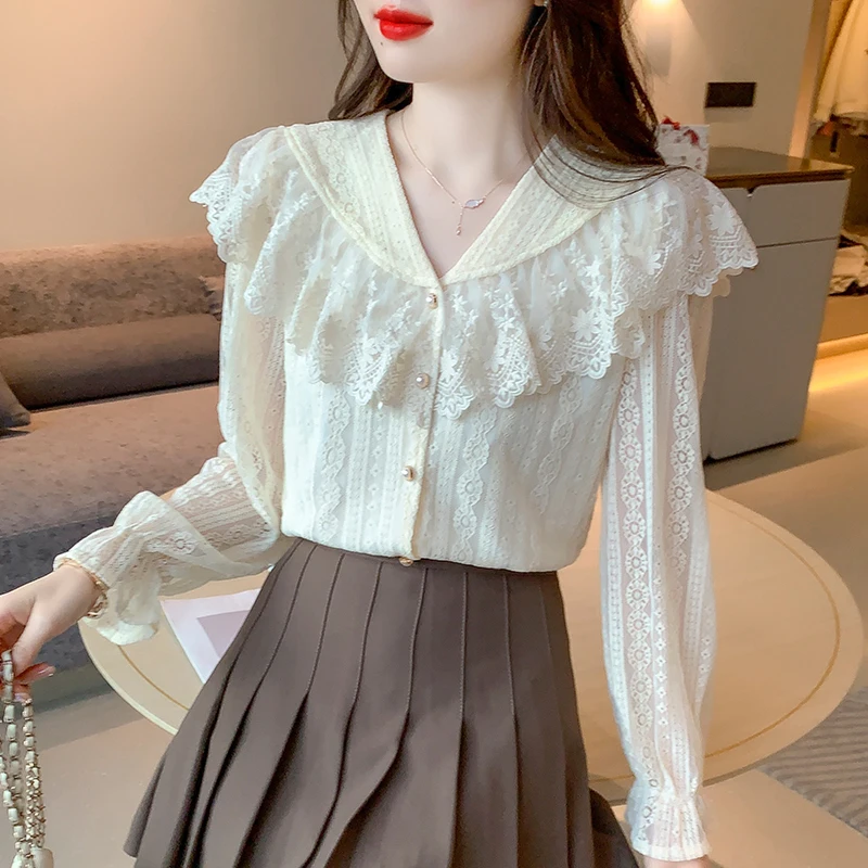 

Lace Shirt for Women Summer 2023 New In White Blouses Fashion Long Sleeve Slim Fit Korean Top V-neck Casual Non Strech Spring