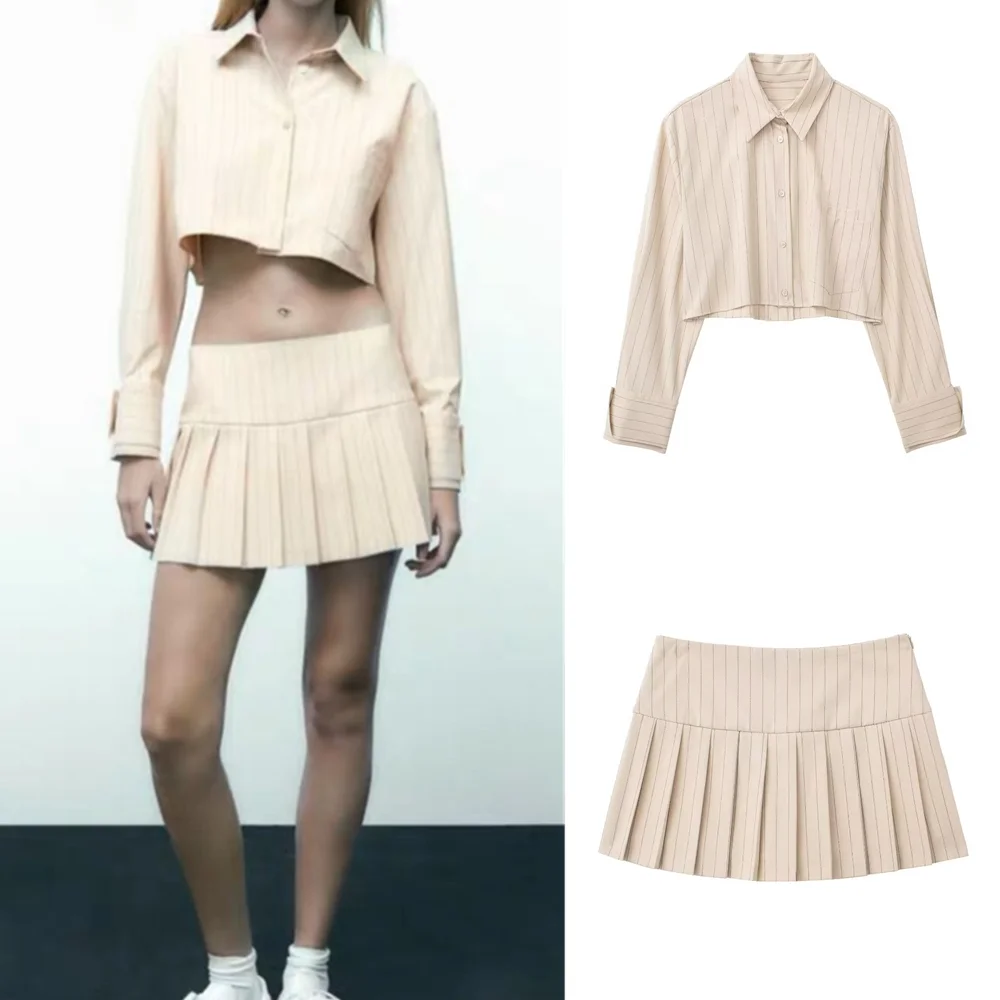 

UNIZERA 2023 Spring New Women's Long-sleeved Lapel Striped Short Shirt + High Waist Wide Pleated Skirt Two-piece Set 3067001