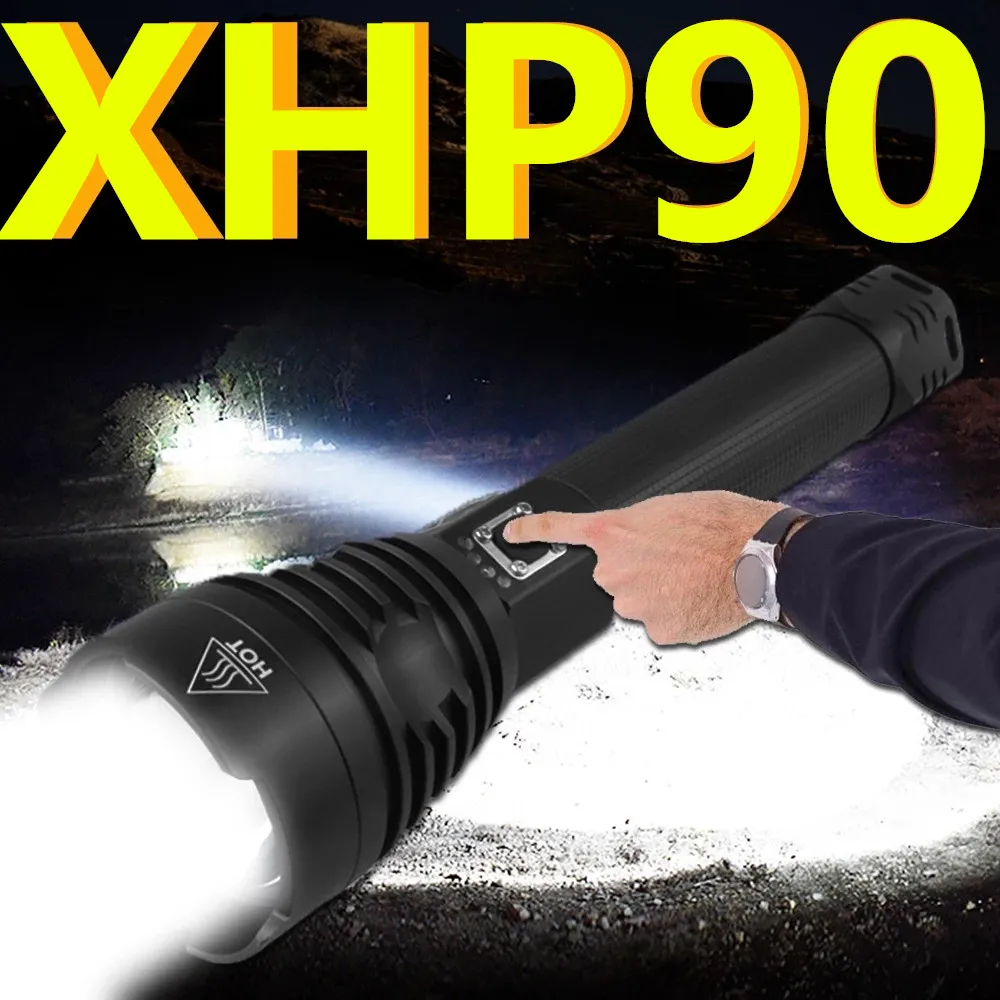 

900000LM Most Powerful XHP90 LED Flashlight Tactical waterproof Torch 3 modes Zoomable Hunting camping lamps By 18650 or 26650