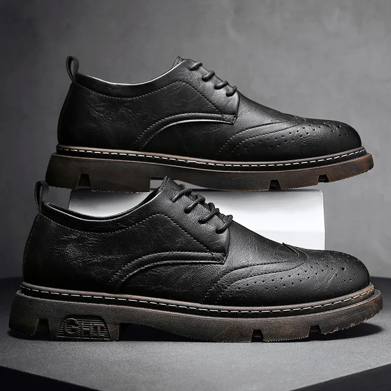 

British leather shoes pure color casual formal men's shoes business thick sole shoes spring new