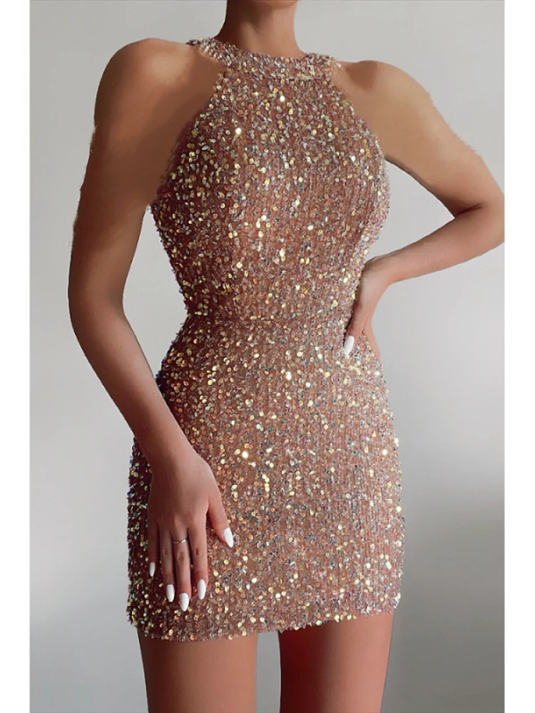 

2022 New Sequin Short Section Micro Elastic Tight Sleeveless Evening Dress Above Knee Fashion Sexy & Party