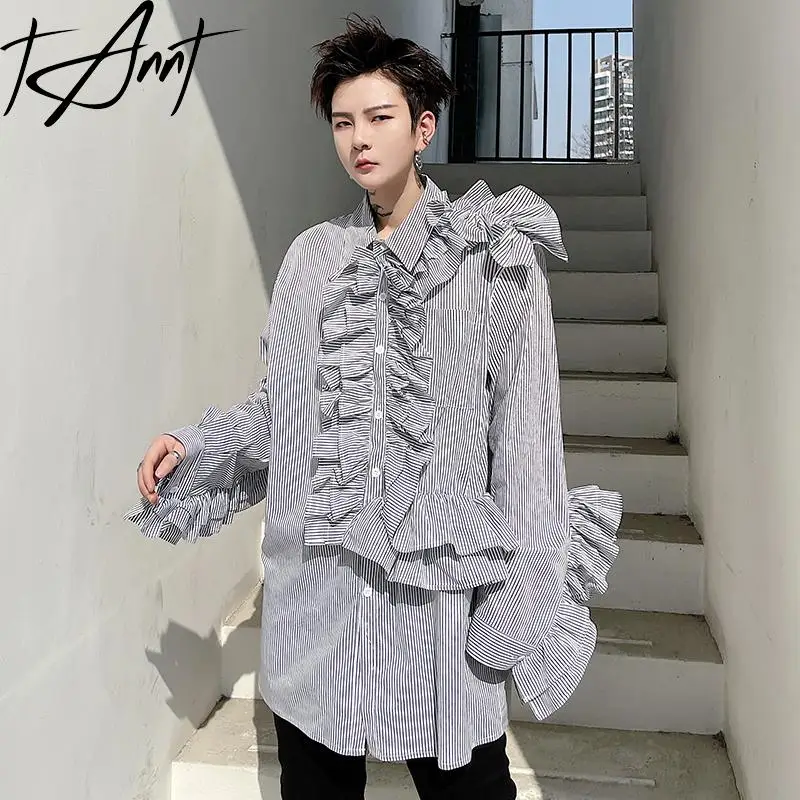 

Tannt Women Shirt Ruffles Patchwork Long Sleeves Stripes Blouse Tops Asymmetry Loose Long Oversize Shirt Tops Women 2023 New