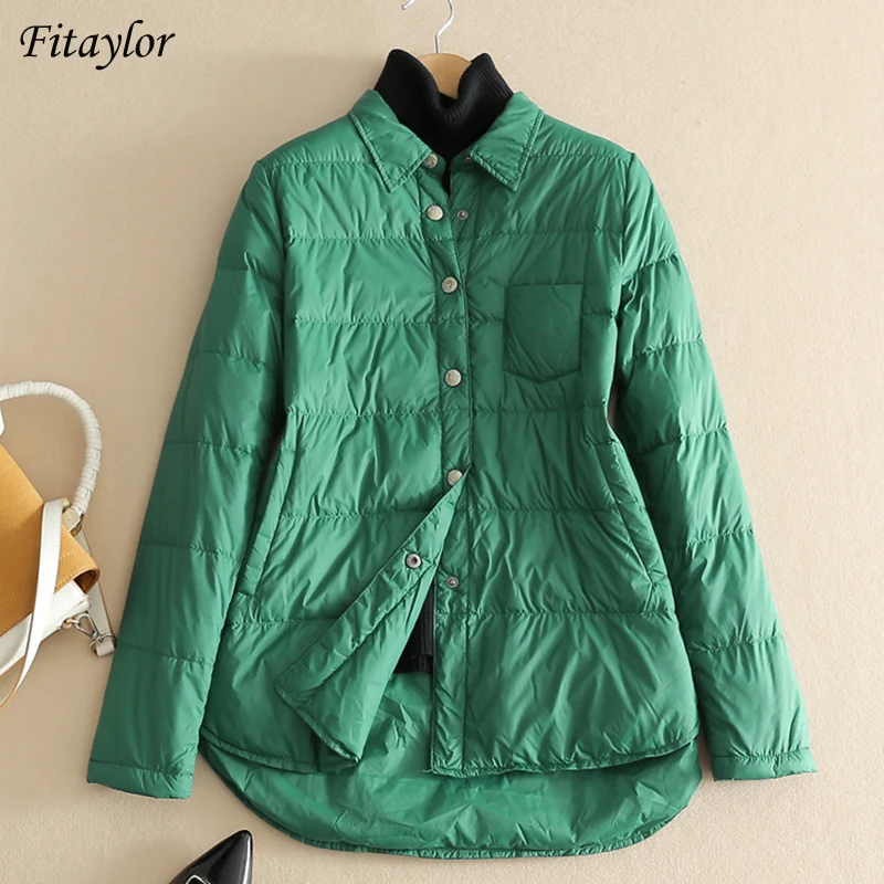 

Fitaylor Winter Ultra Light White Duck Down Short Jacket Women Vintage Puffer Parkas Shirt Collar Coat Irregular Loose Outwear