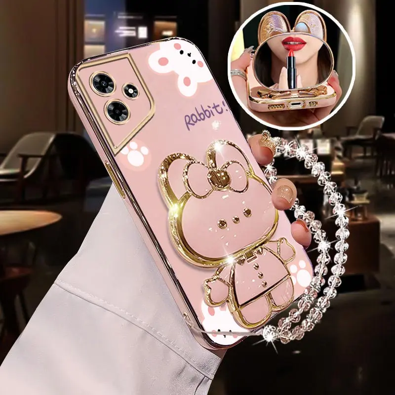 Diamond Strap Rabbit Phone Holder Case On For Infinix Hot 8 9 10 10s 10T 11 11s 12 12i 20 20i 30 30i 40 Pro Play NFC Stand Cover