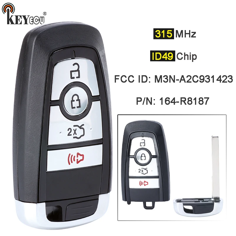 

KEYECU 315MHz ID49 Chip M3N-A2C931423 P/N: 164-R8168 Smart Remote Key Fob for Ford Ford Mustang Shelby Cobra GT350 2018-2022