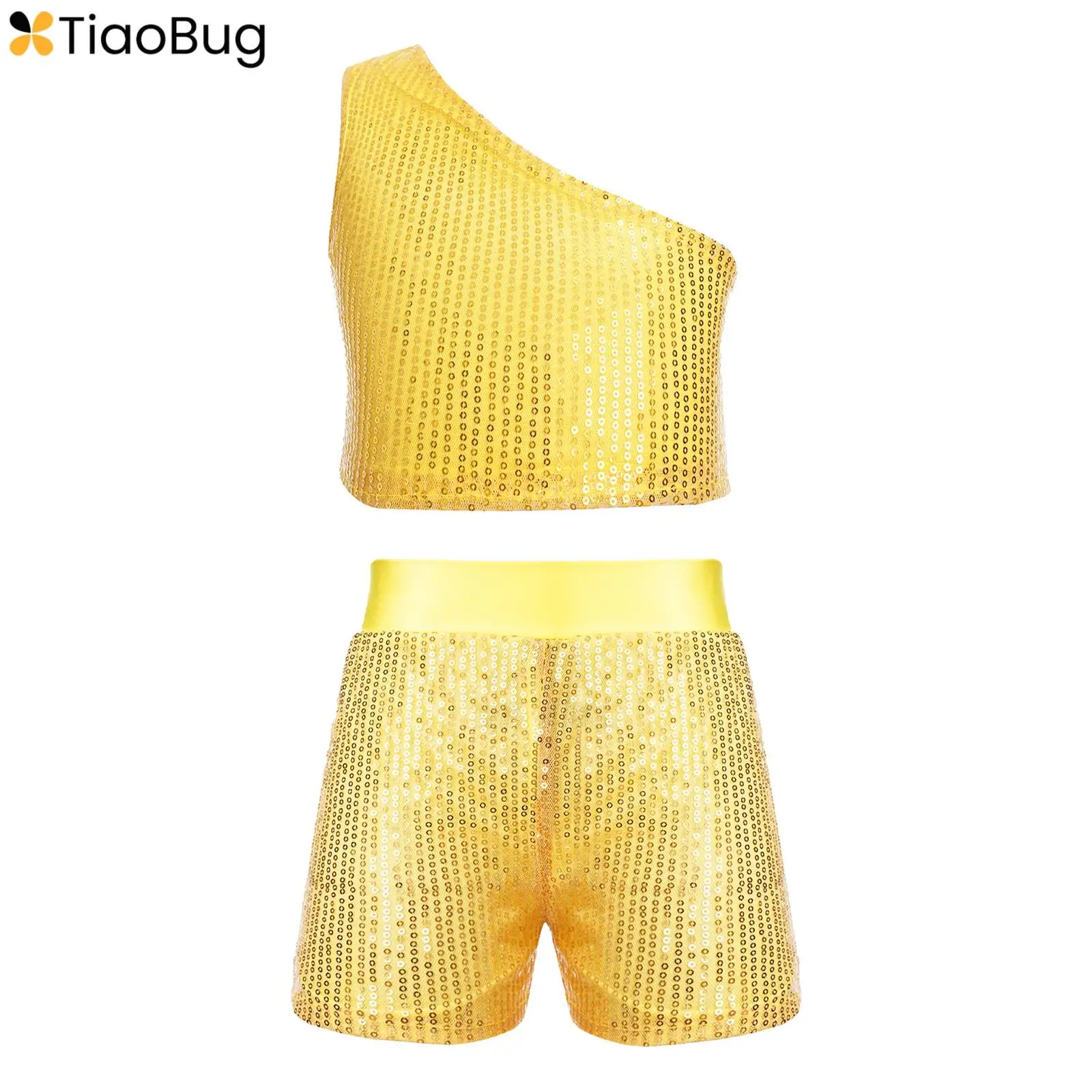 

Kids Girls Sequin Hip Hop Jazz Modern Dance Crop Top One Shoulder with Shorts Set Disco Party Costume Children's Day Dancewear