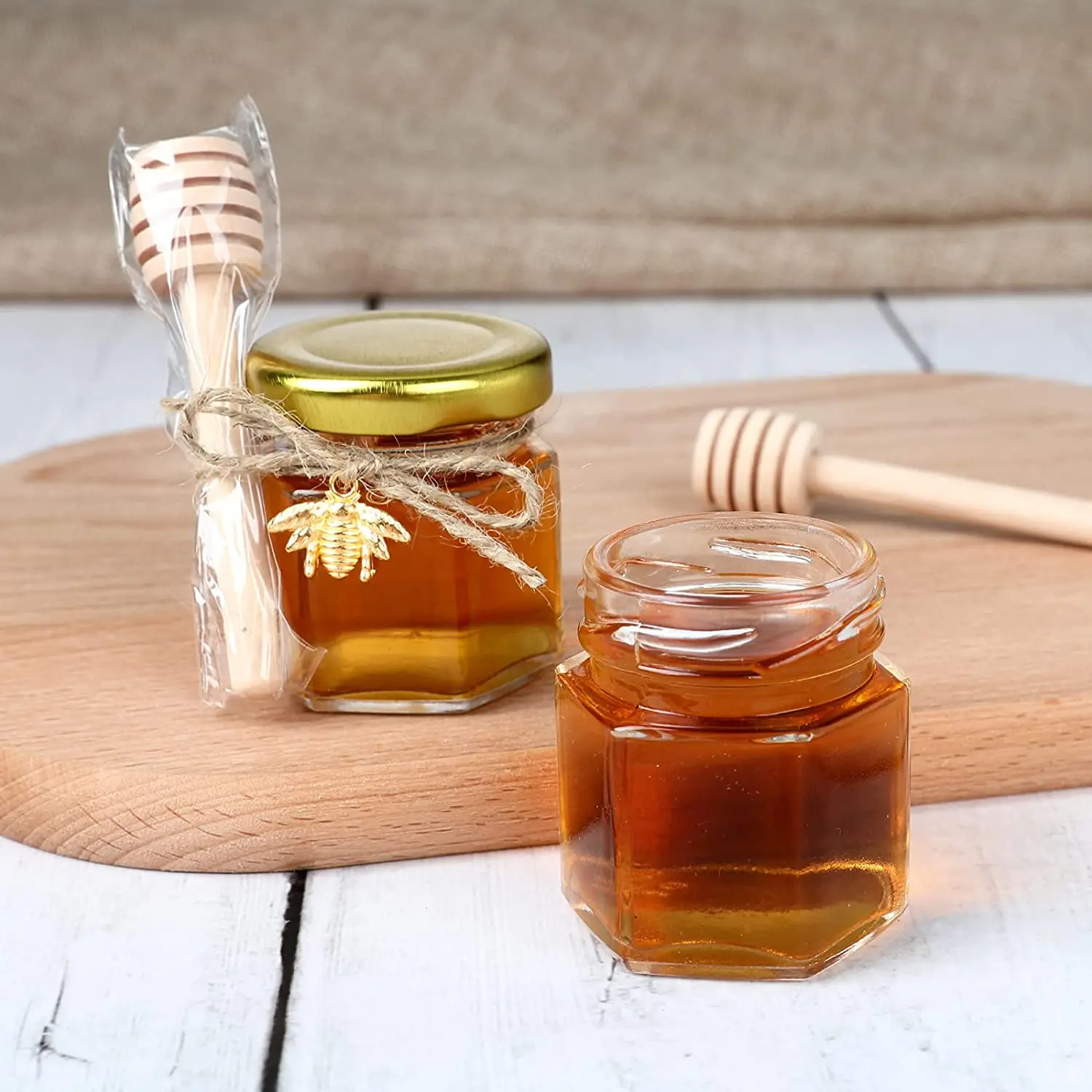 20 Pack Honey Glass Hexagonal Party Favors Empty Small Bee Pendants Gold Lid Mini Hexagons Glass Honey Jar with Wooden Dipper images - 6