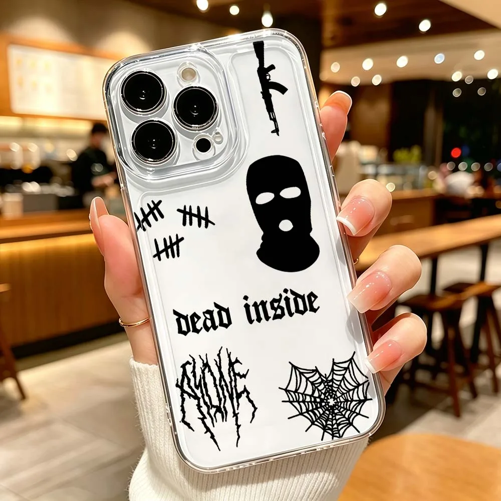 Фото Чехол для телефона в виде черной балаклавы для Apple iPhone 17 Air 16 15 14 13 12 11 Pro Plus Max, прозрачный защитный чехол. №4