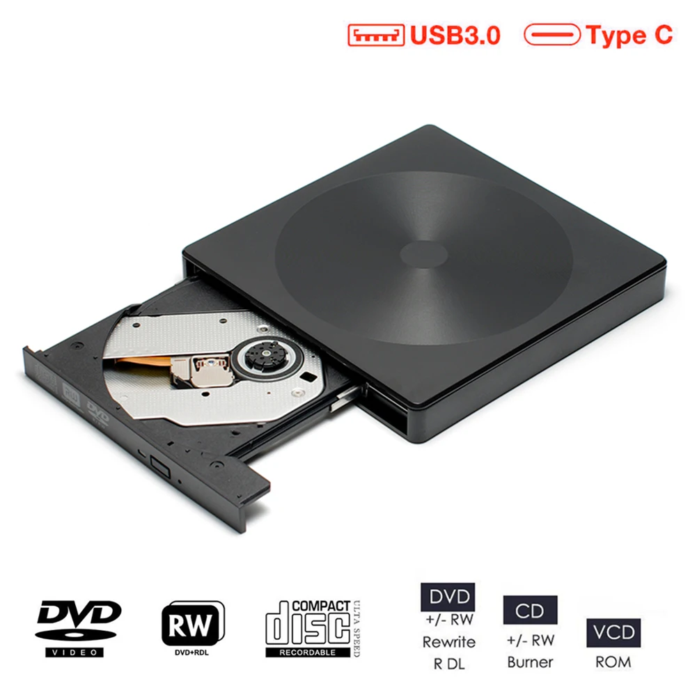 DC 12V DVD/CD-ROM Case USB3.0 Type-C Plastic External Optical Drive Enclosure Dual Ports Plug and Play for Windows/Mac OS/Linux