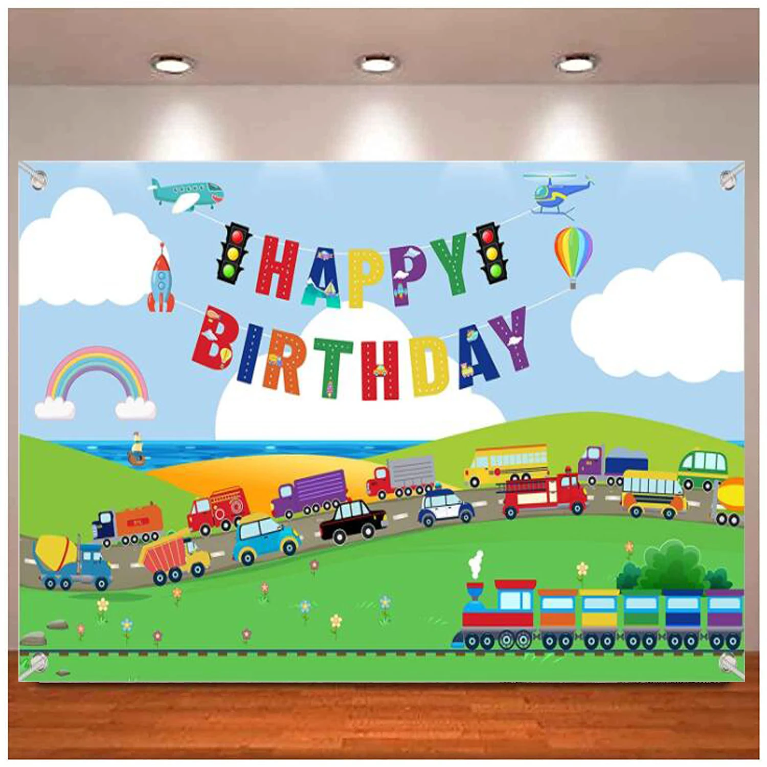 

Transportation Backdrop Banner For Boys Girls Birthday Party Decor Favor Car Bus Train Plane Ship Automobile Cake Background