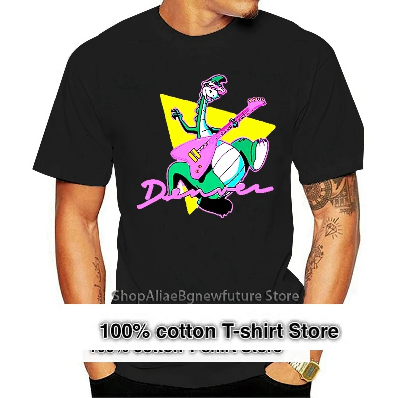 

Футболка Денвер, Последний динозавр, играющая на гитаре, рок-н-ролл, дизайнерская женская смешная футболка, Мужская модная футболка с мультя...