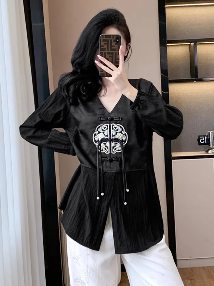 Высококачественные атласные черные рубашки с v-образным вырезом и длинными