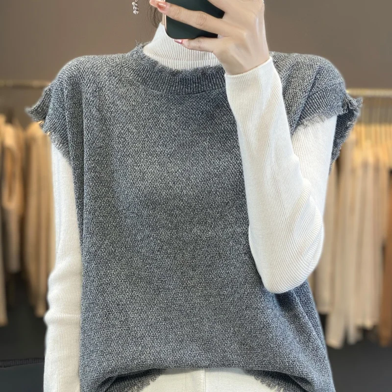 Классический шерстяной жилет с кисточками по краям женский вязаный новый