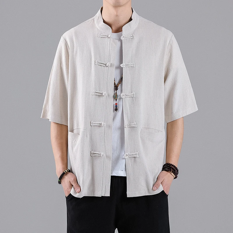 

Summer New Men's Linen Drape Solid Color Short-sleeved Shirt Chinese Retro Stand Collar Cotton and Linen Shirt Loose Jacket Top