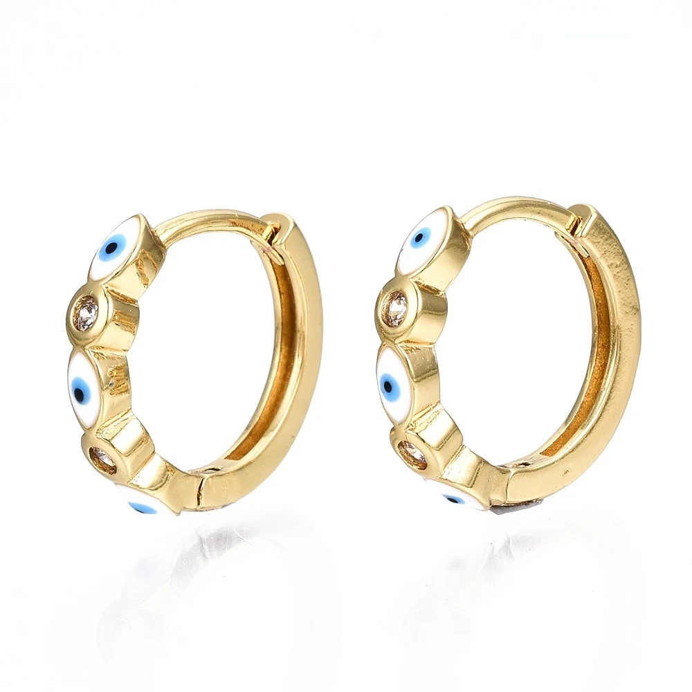 

1Pair Brass Micro Pave Cubic Zirconia Huggie Hoop Earrings with Enamel Nickel Free Ring with Evil Eye Real 16K Gold Plated