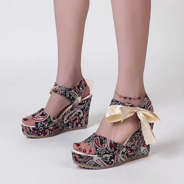 

Women Sandals Dot Bowknot Design Platform Wedge Female Casual High Increas Shoes Ladies Fashion Ankle Strap Open Toe Sandals