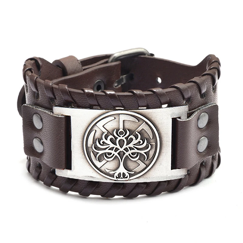 

New Retro Wide Leather Nordic Rune of Odi Bracelet Men's Bracelet Tree of Life Pattern Celtic Viking Jewelry Bracelet Party Gift