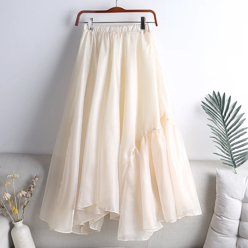 KOLLSEEY Brand Women Long Pleated Skirt New Korean Edition Elastic High Waist Solid Irregular Ruffles A Line Skirt enlarge