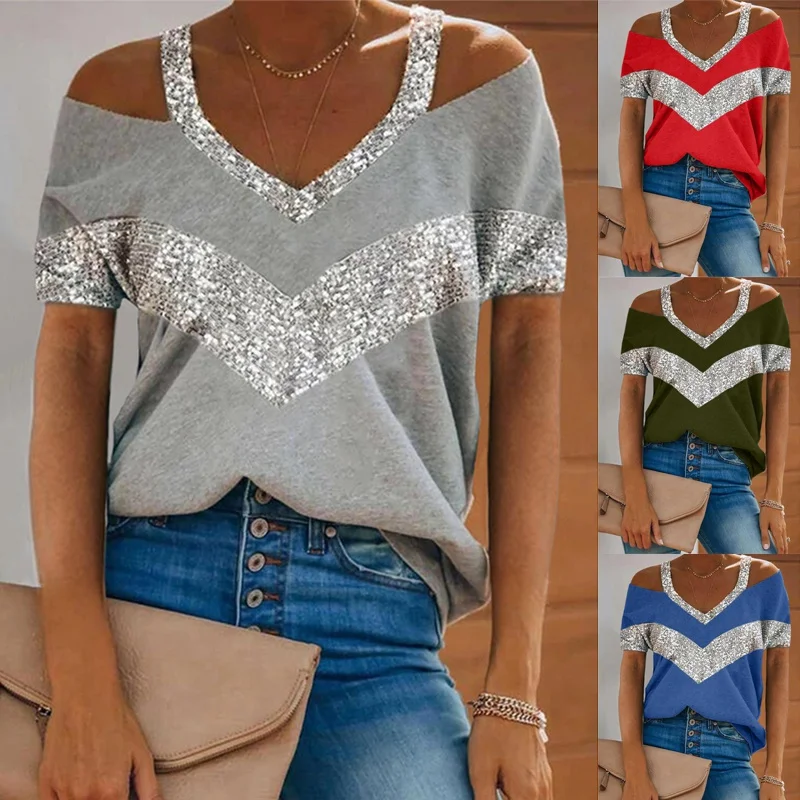 V-neck Sequins Off Shoulder Short Sleeve Blouse Loose Women T-shirt Summer Fashion Cotton Casual Tee Ladies Home Tops