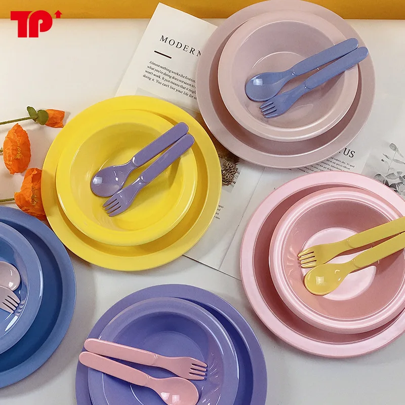 

Посуда из бамбукового волокна, Корейская посуда в стиле ins, десертная чаша, красочная обеденная тарелка, фруктовый салат, простая обеденная тарелка, миска, вилка, ложка