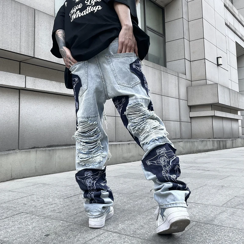 Jean Pants High Street Hole Fringe Embroidery Jeans Pants Mens Color Block Tassel Ripped Retri Denim Trousers Oversize Baggy