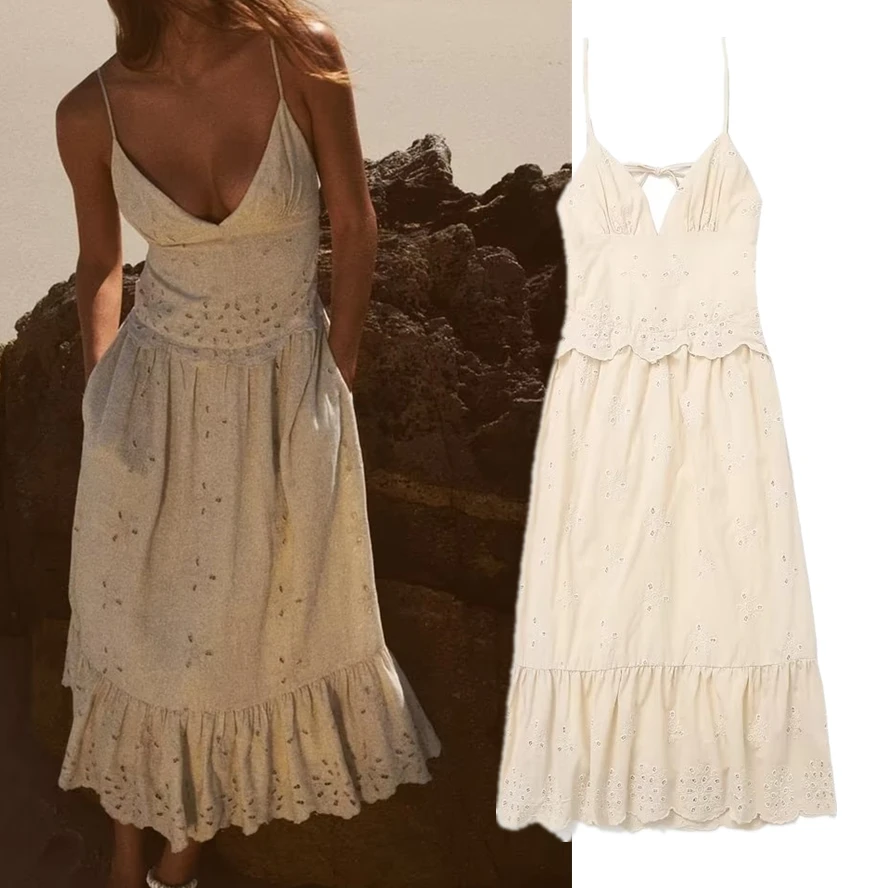 

Jenny&Dave French Retro Fashion Ladies Sexy Bohemian Beach Midi Dress Women Country Casual Cotton Embroidered Sling Dress