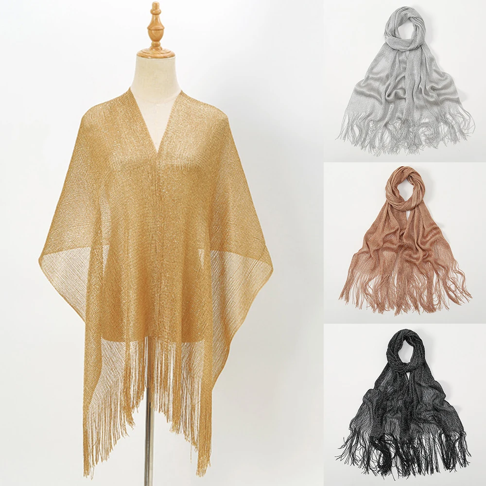 

Elegant Shawls for Evening Dresses Golden Silvery Wire Tassels Bridal Party Wedding Scarf Fringed Wraps Shawl Sunscreen Elegant