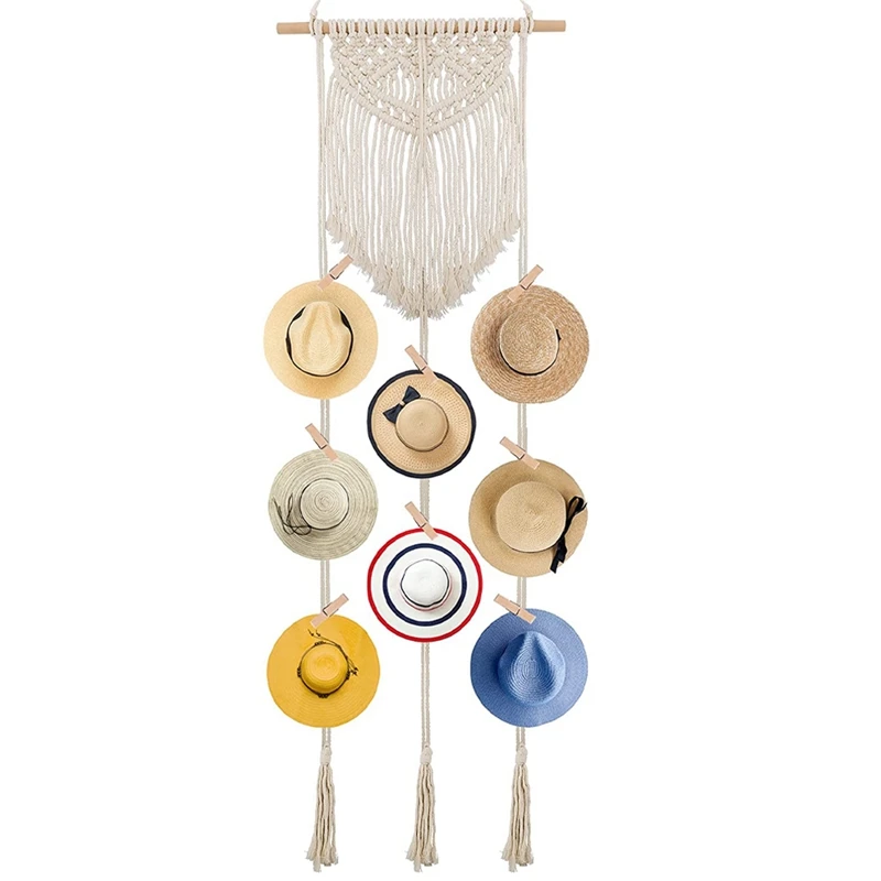 

Hat Wall Hanging Boho Hats Rack Hat Wall Hanger Organizer Hats Holder Wall Organizer Hat Hanging with 10 Pcs Clips