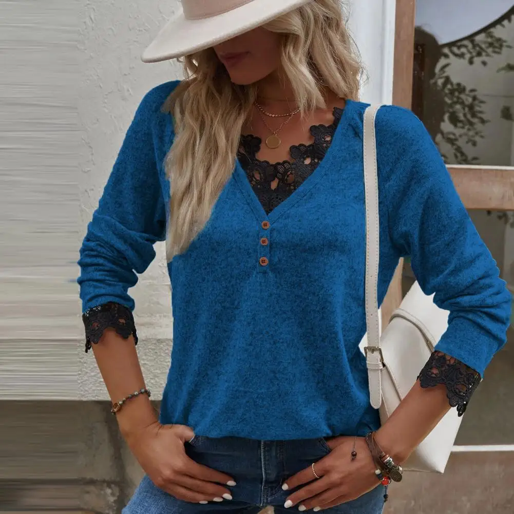 

Trendy Bottoming Sweater Buttons Decor Breathable Knitted Sweater Lace Trim Slim Pullover Sweater