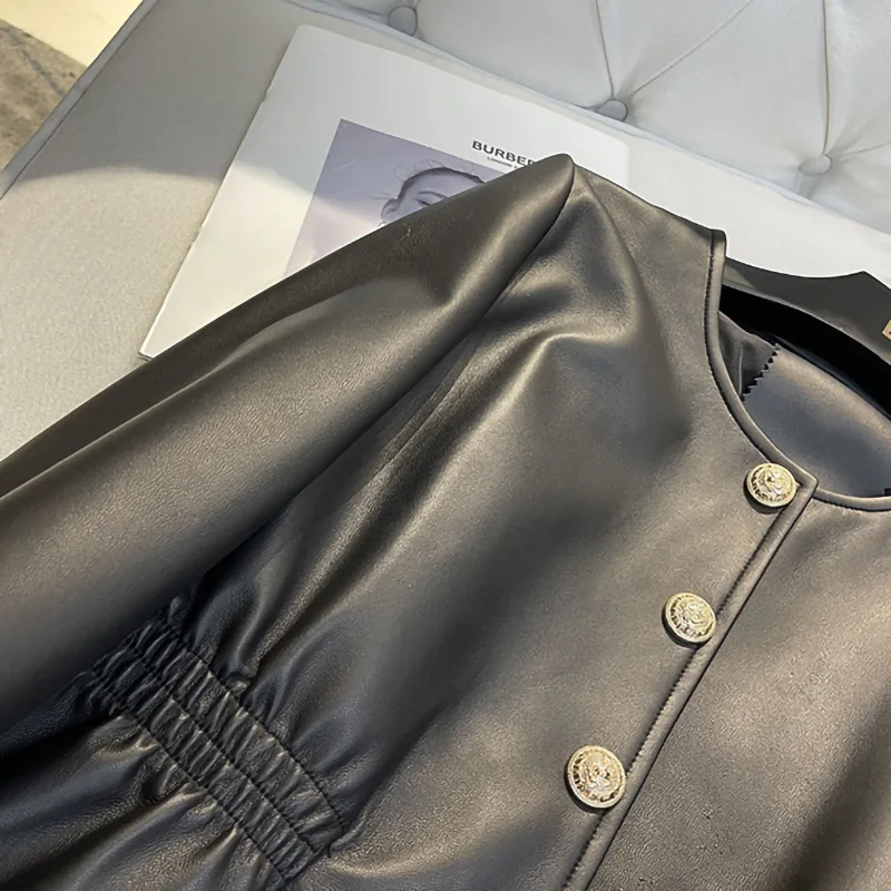 2023 New Lady Leather Jackets Round Neck Single Breasted Solid Genuine Sheepskin Short Coat Elegant Fashion Streetwear AEL4938