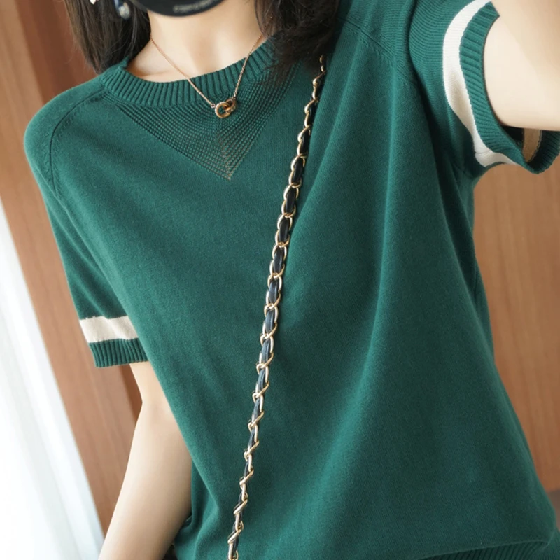 

BOBOKATEER Haut Femme Elegant Knitted T Shirt Womens Clothing Short Sleeve Ladies Tops Mujer Camisetas O-Neck Dames Kleding 2022