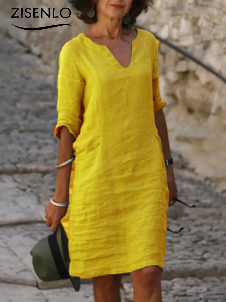 

Cheap Casual Woman Dresses New V-neck Solid Color Seven-point Sleeve Dress Summer Dress Streetwear Vintage Holiday Clothes
