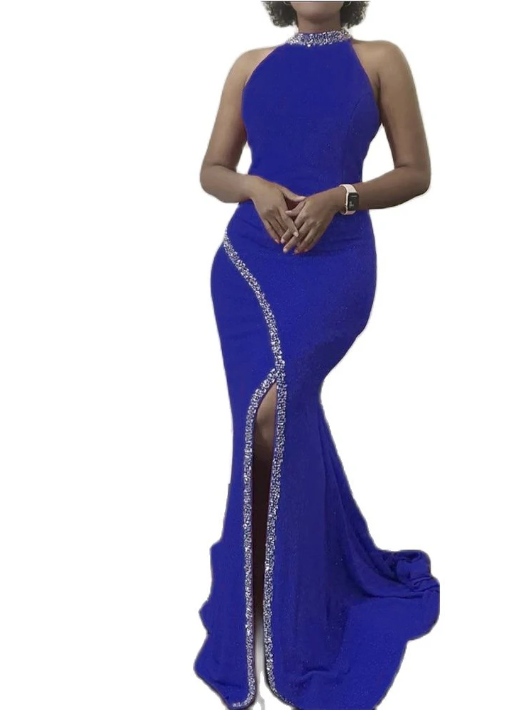 

Elegant Halter Diamonds Slit Mermaid Long Dress Women Dinner Evening Formal Gown Ladies Sexy Bodycon Backless Vestidos
