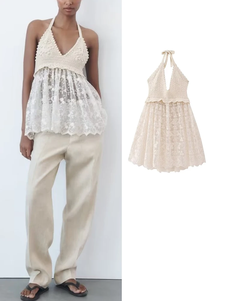 

Embroidery Crop Top Women Backless Halter Top Female Sleeveless Sexy Off Shoulder Tops For Women Ruched Beach Summer Tops