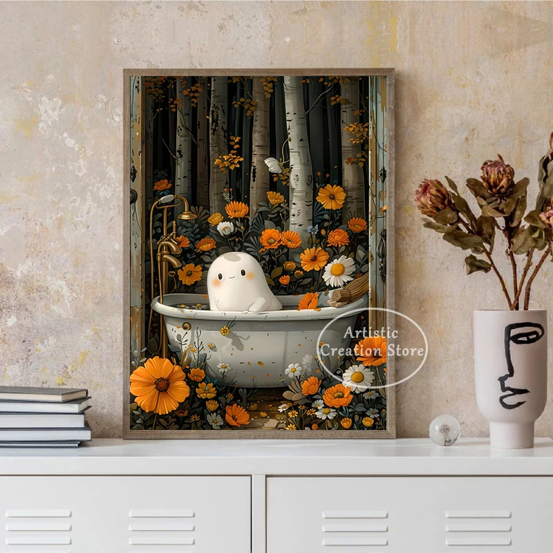 Плакат в стиле бохо призрак Цветочный природный Забавный цветочный ванне