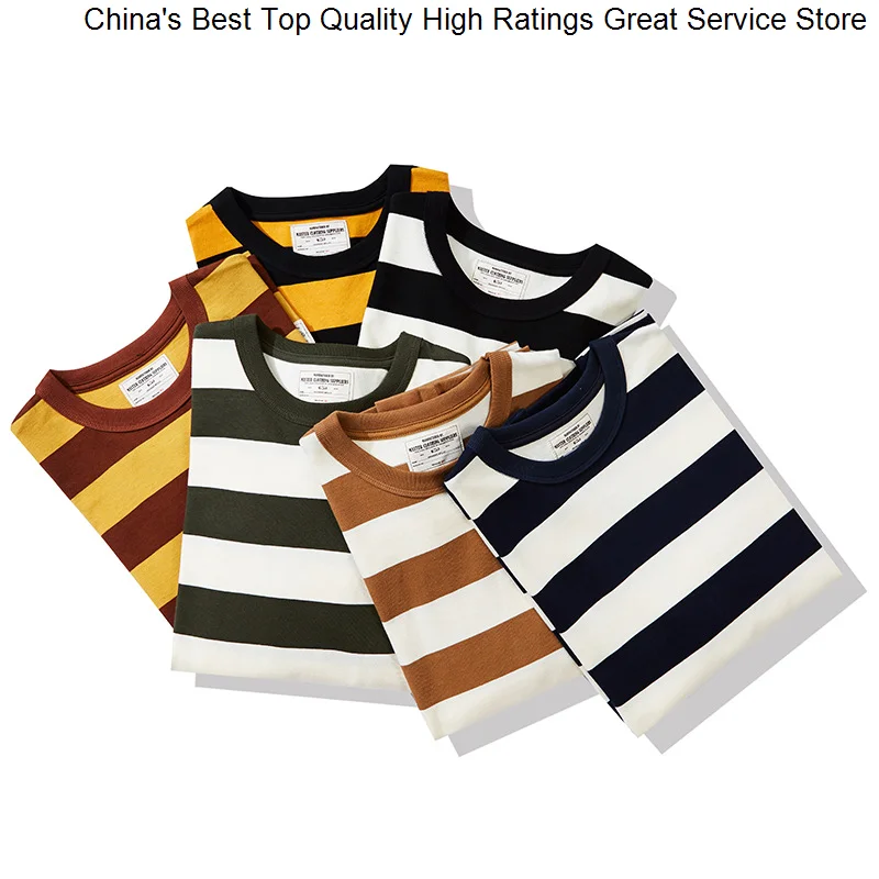 

T Retro Heavy Long Sleeve Men Cotton Thick Striped Round Neck Black White Base Shirt Autumn Casual Tops Pullover Oversize
