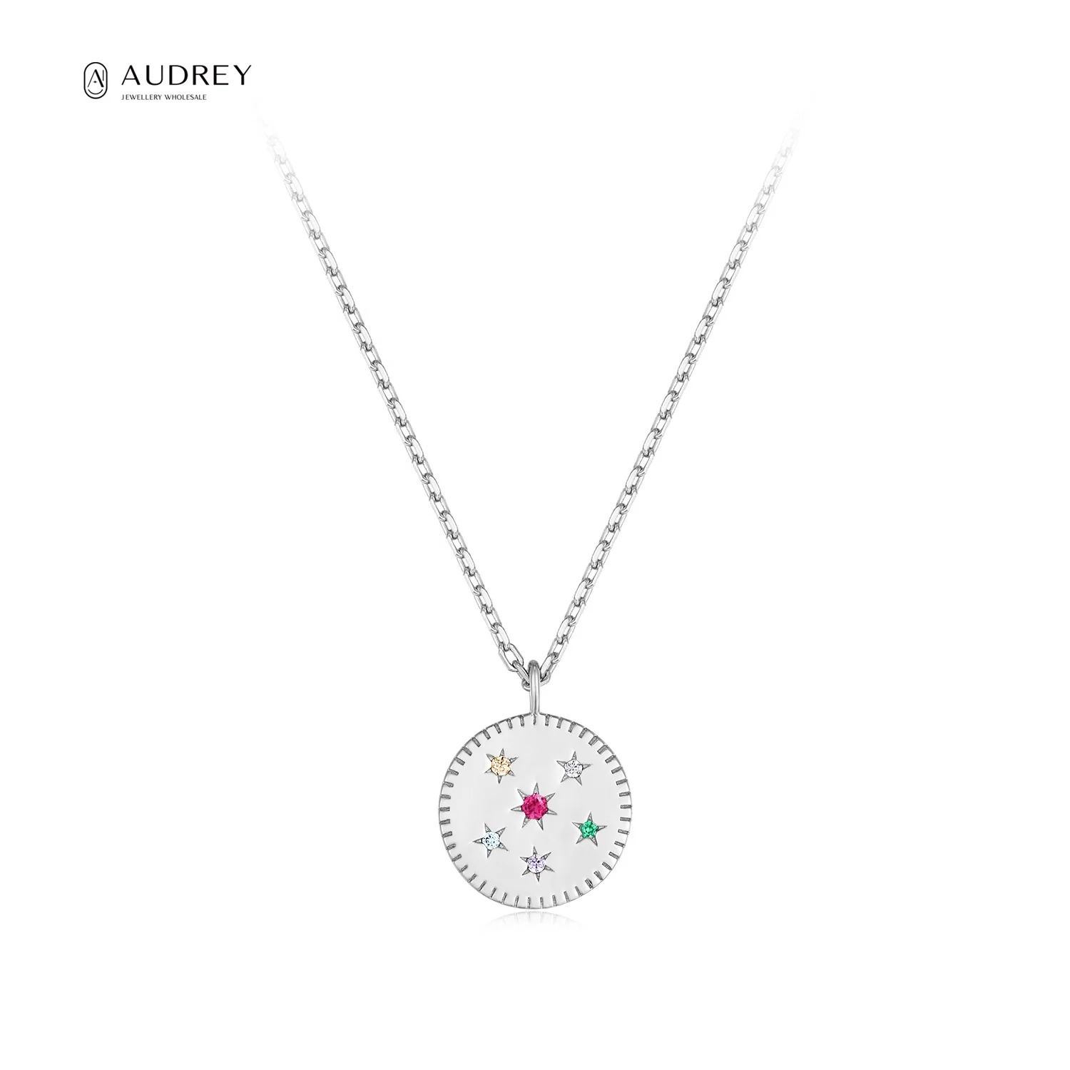 

Audrey Simple Design Coin Pendant Necklace Corundum Rhodium Plating S925 Sterling Silver Gemstone Necklaces For Women