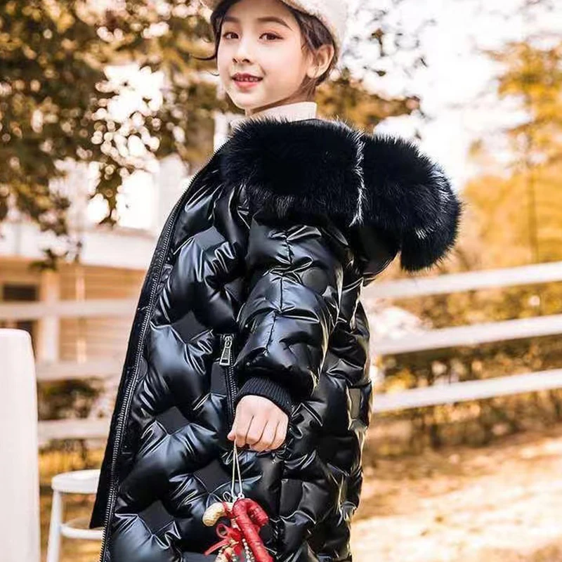Children's Down Jacket Girls' Middle Long New Children's Bright Leather Coat