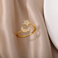 zircon moon star rings for women stainless steel gold silver color moon star adjustable ring aesthetic jewelery gift bague femme