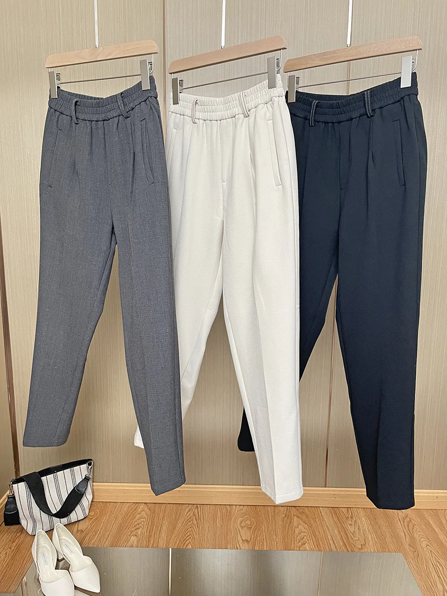 Women TrousersBeaded Chain Thickened Fleece Solid Elastic Long Waist Pants Solid Casual