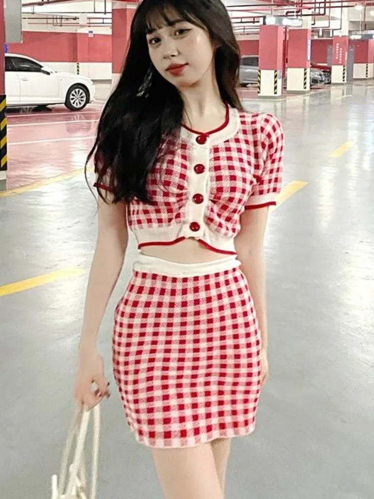 

Summer Korean Sweet Knitted 2 Piece Set Women Single Breasted Short Sleeve Crop Top + Mini Skirt Suits Elegant Two Pieces Sets