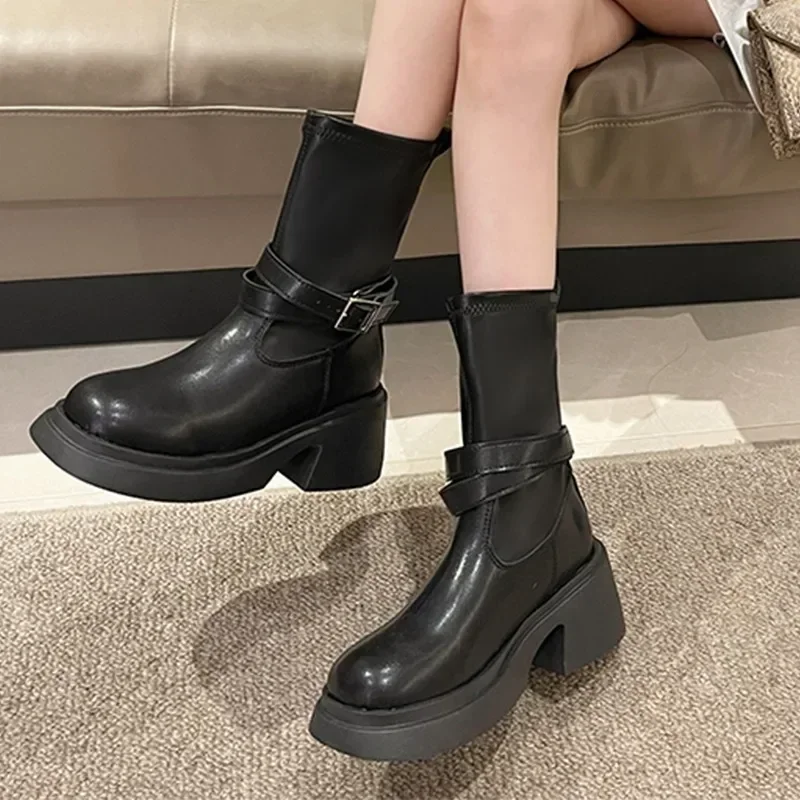 

Women Ankle Chunky Chelsea Boots 2024 Winter Shoes New Designer Brand Mid Heels Motorcycle Boots PU Leather Punk Femme Botas