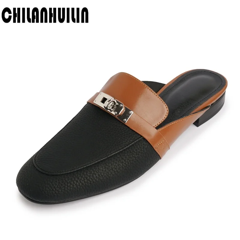 

fashion mules women shoes genuine leather low heel slingback pointed toe metal chain ladies footwear spring summer dress slipper